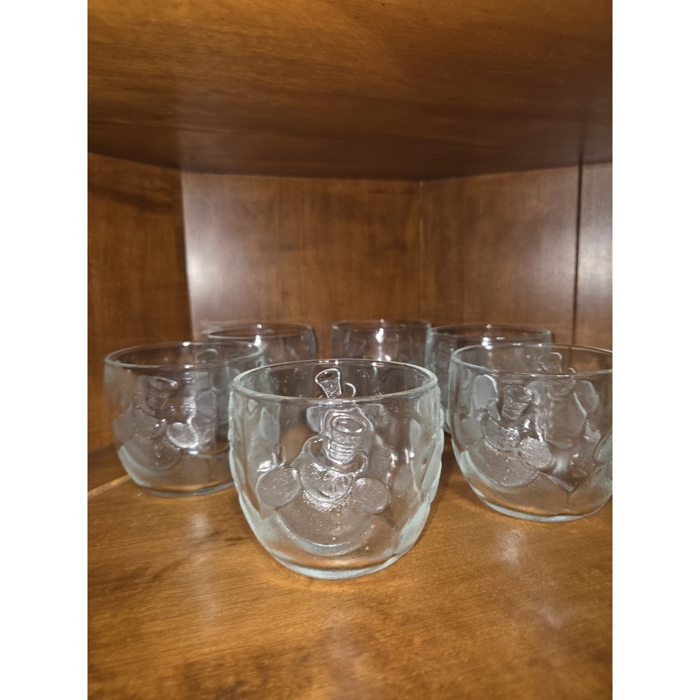 6pc Clear Glass Snowman Embossed Tumblers‎ Set Round Vintage  10 oz